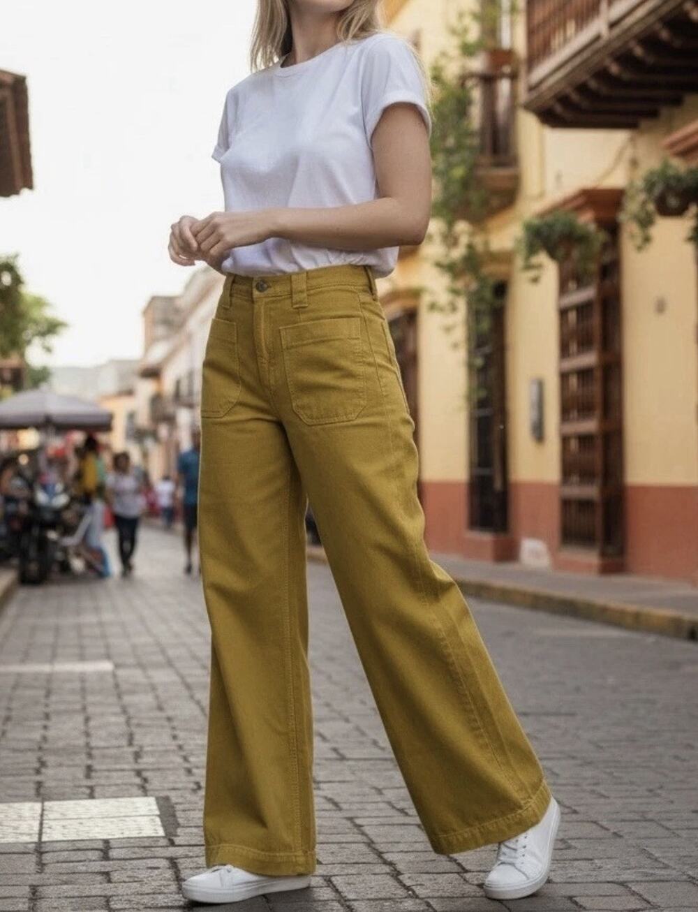 Etica Wide Leg 27 Devon Collette Moss Yellow High Rise Patch Pocket Jean Pant